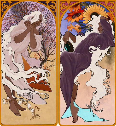 Fanart of Overwatch's Ana based on Mucha's 4 Seasons.